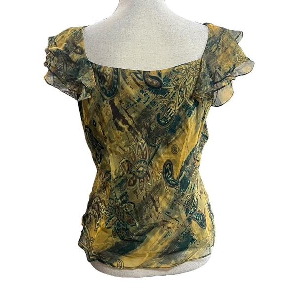 VTG Y2K Ice Yellow Multicolor Paisley Pattern Flutter Sleeve Cowl Neck Top M - Picture 4 of 5